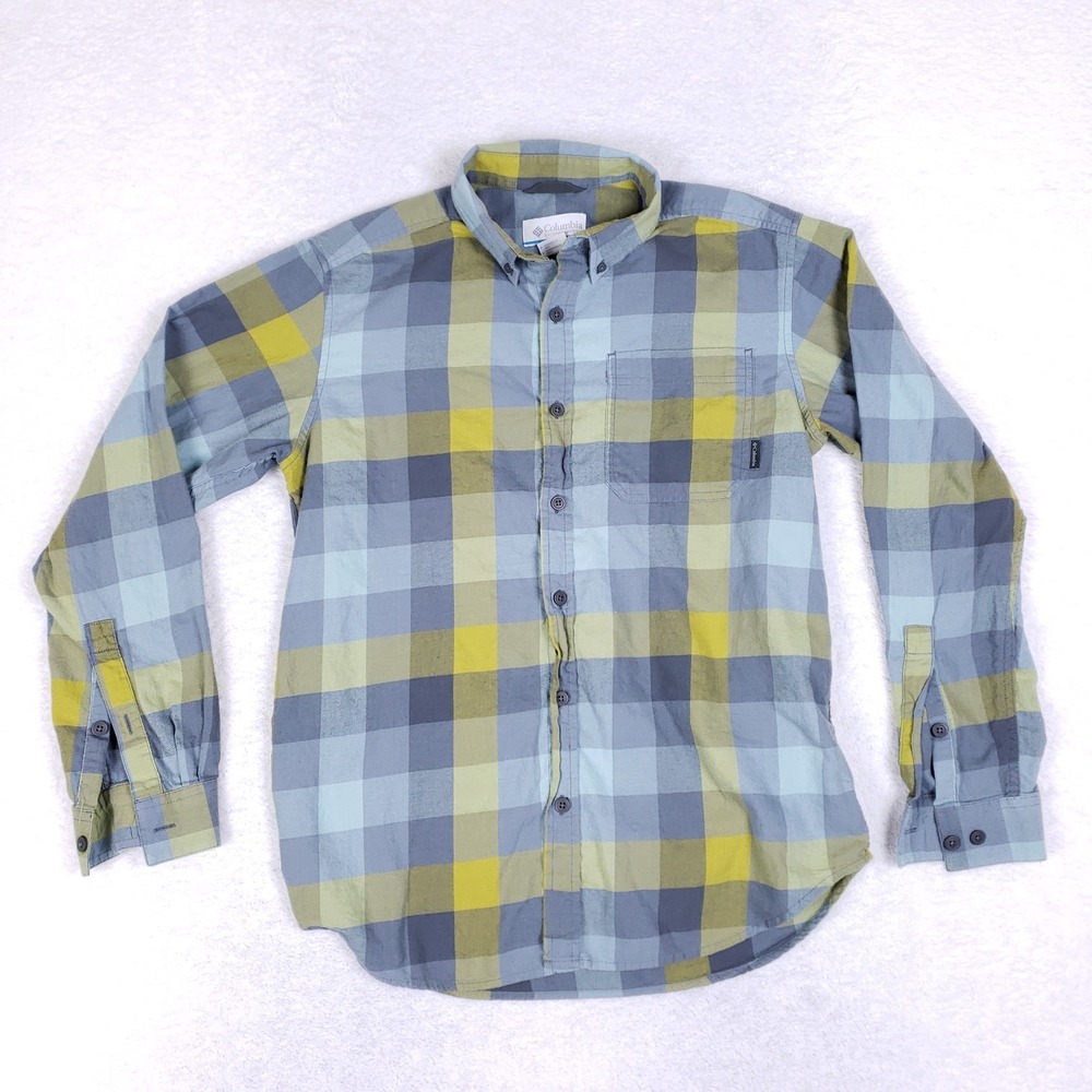 Columbia Men's Plaid Button Up Shirt Small Blue Green 100% Cotton Casual Outdoor